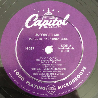 Nat "King" Cole* : Unforgettable (10", Mono, Scr)