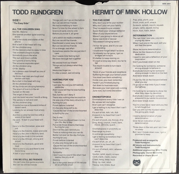 Todd Rundgren : Hermit Of Mink Hollow (LP, Album, Club)