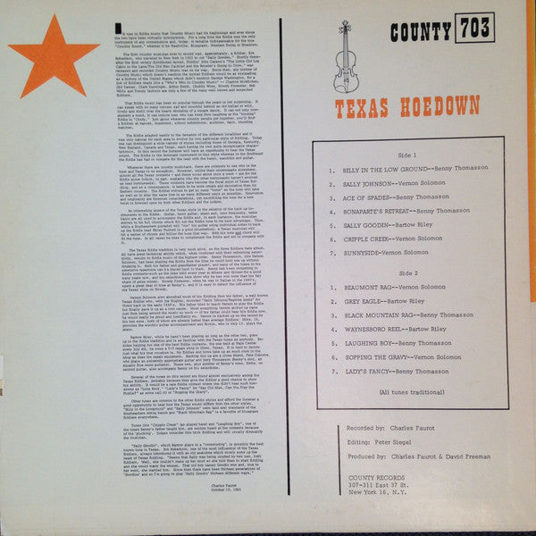 Bartow Riley, Vernon Solomon, Benny Thomasson : Texas Hoedown (LP, Album)