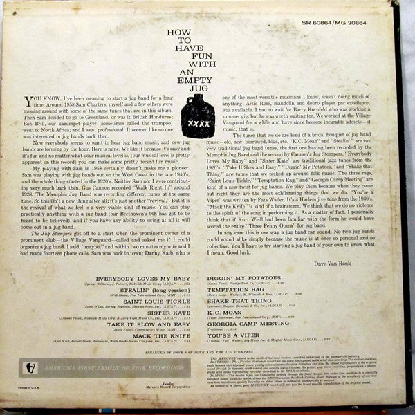 Dave Van Ronk With The Ragtime Jug Stompers : Ragtime Jug Stompers (LP, Mono, Red)