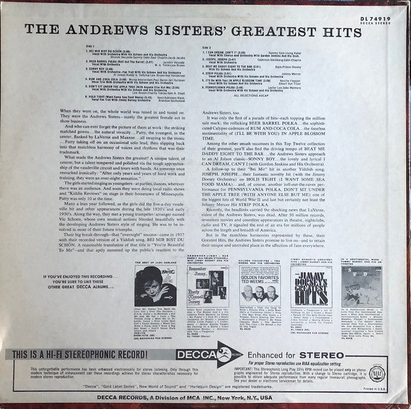 The Andrews Sisters : The Andrews Sisters' Greatest Hits (LP, Comp, Promo)