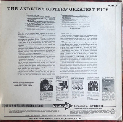 The Andrews Sisters : The Andrews Sisters' Greatest Hits (LP, Comp, Promo)