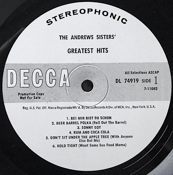 The Andrews Sisters : The Andrews Sisters' Greatest Hits (LP, Comp, Promo)