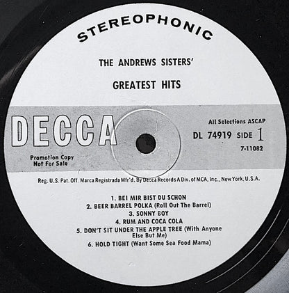 The Andrews Sisters : The Andrews Sisters' Greatest Hits (LP, Comp, Promo)
