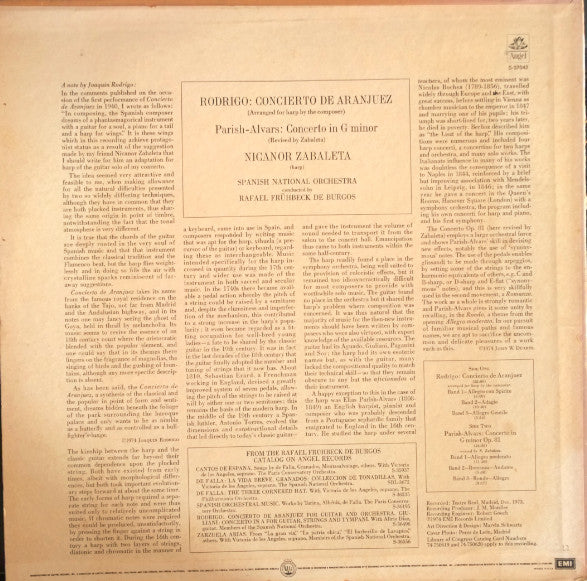 Rodrigo* / Parish-Alvars* - Nicanor Zabaleta, Spanish National Orchestra*, Rafael Frühbeck De Burgos : Concierto De Aranjuez - Concerto En Sol Mineur (LP, Album)
