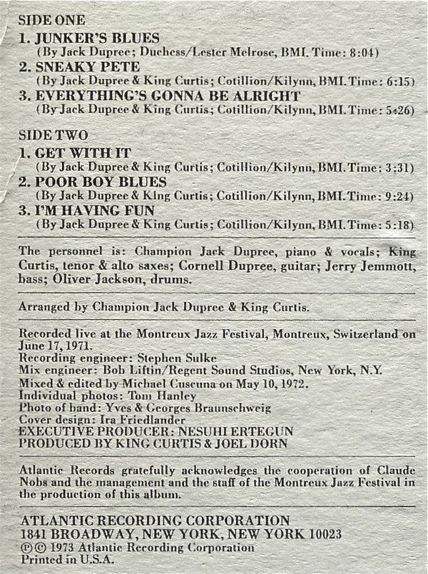 King Curtis & Champion Jack Dupree : Blues At Montreux (LP, Album, Pre)