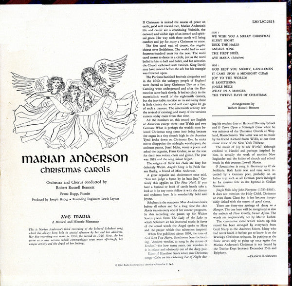 Marian Anderson : Christmas Carols (LP, Album, Mono)