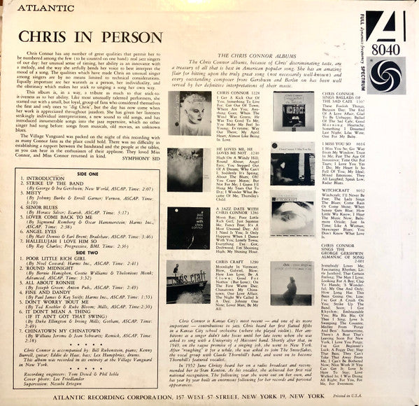 Chris Connor : Chris In Person (LP, Album, Mono)