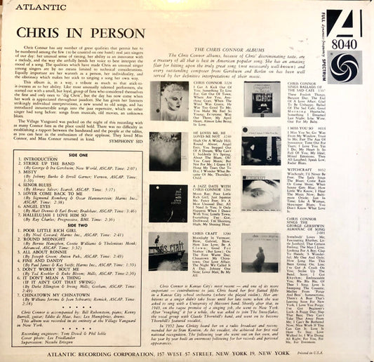 Chris Connor : Chris In Person (LP, Album, Mono)