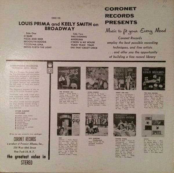 Louis Prima & Keeley Smith* : Louis Prima & Keeley Smith On Broadway (LP, Album)