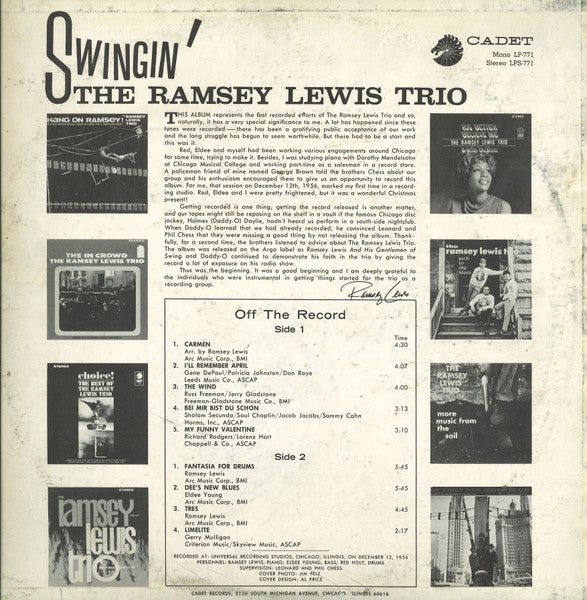 The Ramsey Lewis Trio : Swingin' (LP, Album, Mono)