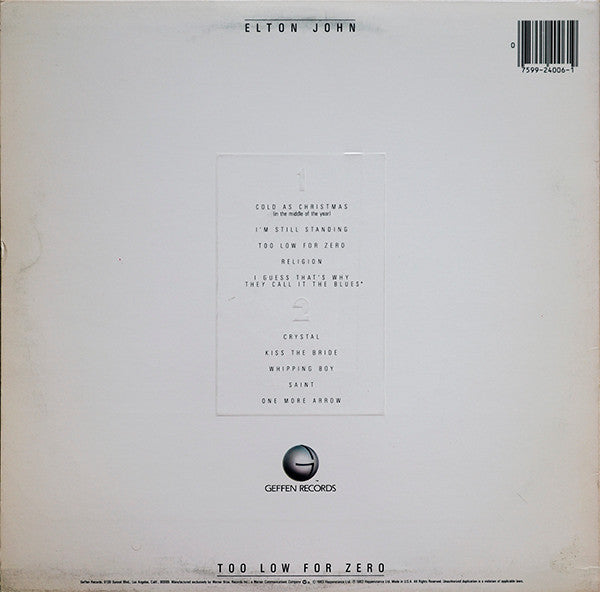 Elton John : Too Low For Zero (LP, Album, Jac)