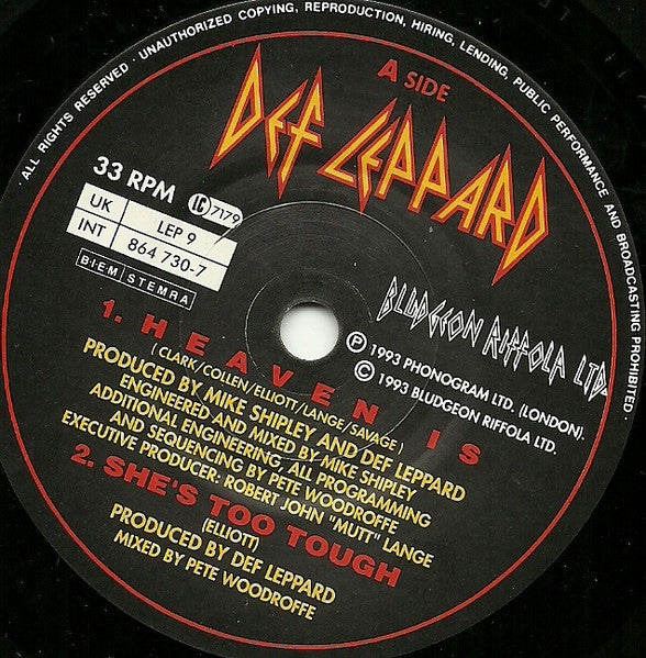 Def Leppard : Heaven Is (7", S/Sided, Single, Etch, S/Edition, Pap)
