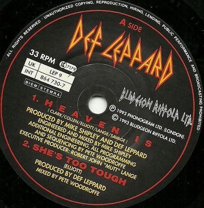 Def Leppard : Heaven Is (7", S/Sided, Single, Etch, S/Edition, Pap)