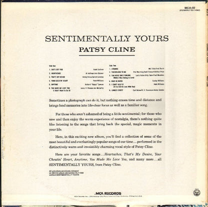 Patsy Cline : Sentimentally Yours (LP, Album, RE, RP)