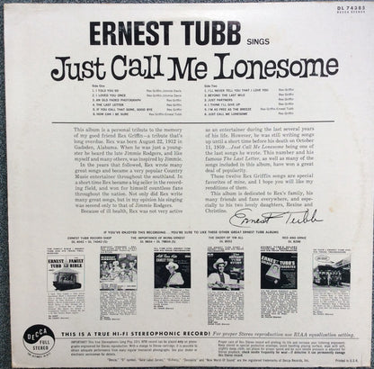 Ernest Tubb : Sings Just Call Me Lonesome (And Other Great Songs By Rex Griffin) (LP, Album)