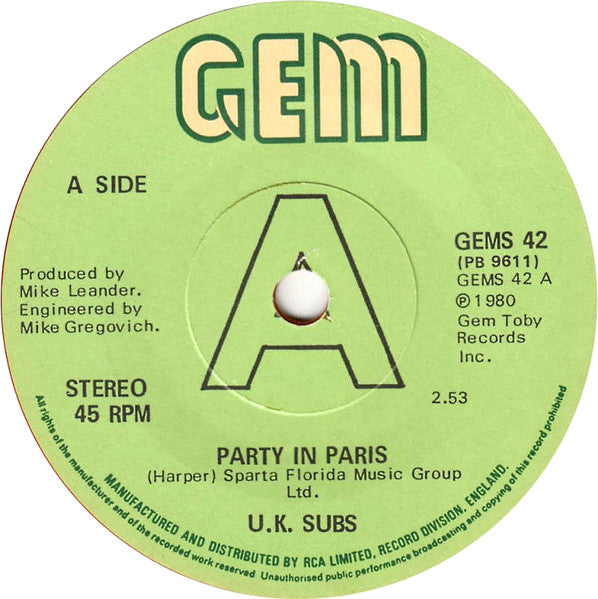 U.K. Subs* : Party In Paris (7", Single, Ora)