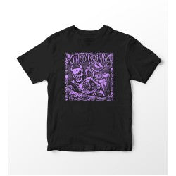 Black t-shirt with purple graphic design on a white background