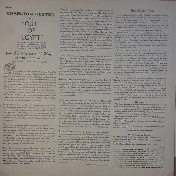 Charlton Heston With The Robert DeCormier Chorale : Reads "Out Of Egypt" From The Five Books Of Moses Of The Holy Bible (LP)