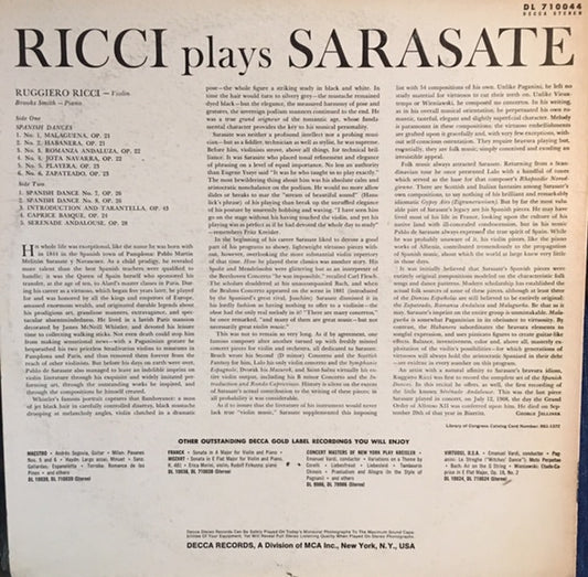 Ricci* Plays Sarasate*, Brooks Smith (2) : Eight Spanish Dances, Caprice Basque, Introduction And Tarentella, Sérénade Andalouse (LP, RP)