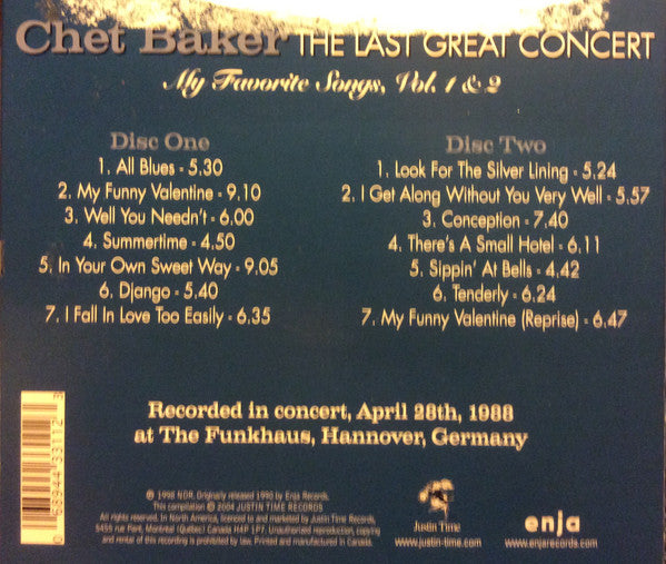 Chet Baker : The Last Great Concert - My Favourite Songs Vol. 1 & 2 (2xCD, Album, RE)