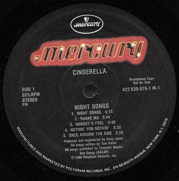 Cinderella (3) : Night Songs (LP, Album, Promo)