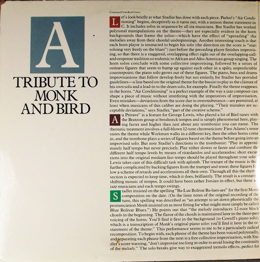 Thad Jones / George Adams / George Lewis / Stanley Cowell / Reggie Workman / Lenny White / Heiner Stadler : A Tribute To Monk And Bird (2xLP, Album, Promo)