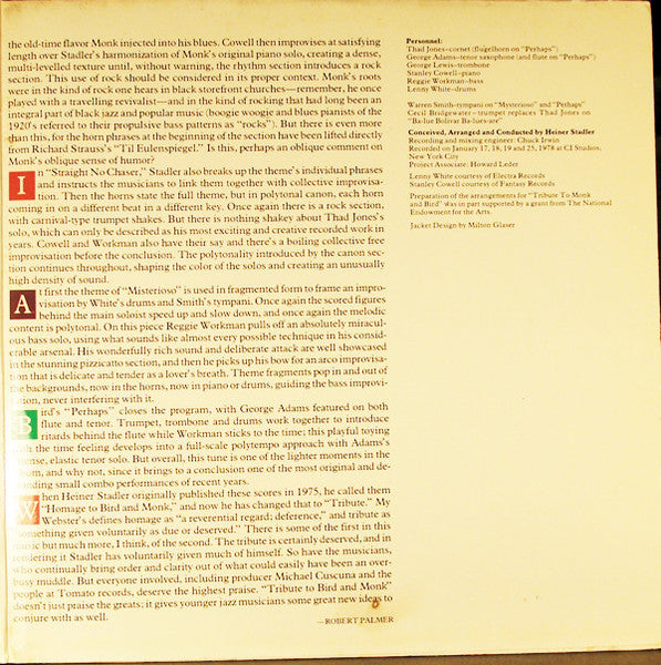 Thad Jones / George Adams / George Lewis / Stanley Cowell / Reggie Workman / Lenny White / Heiner Stadler : A Tribute To Monk And Bird (2xLP, Album, Promo)