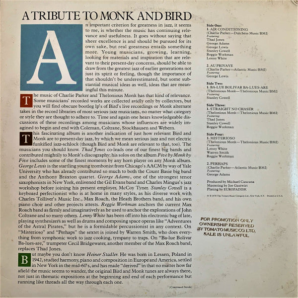 Thad Jones / George Adams / George Lewis / Stanley Cowell / Reggie Workman / Lenny White / Heiner Stadler : A Tribute To Monk And Bird (2xLP, Album, Promo)