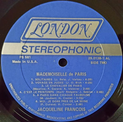Jacqueline François : Mademoiselle De Paris (LP, AL )