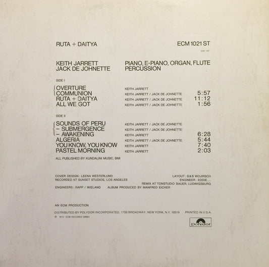 Keith Jarrett & Jack DeJohnette : Ruta And Daitya (LP, Album, Ric)