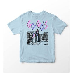 Light blue t-shirt with graphic design and text on a white background