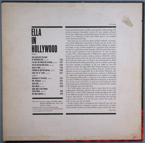 Ella Fitzgerald : Ella In Hollywood (LP, Album, Mono, MGM)