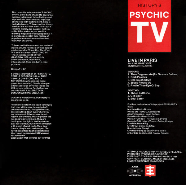 Psychic TV : Live In Paris (LP, Album, Ltd)