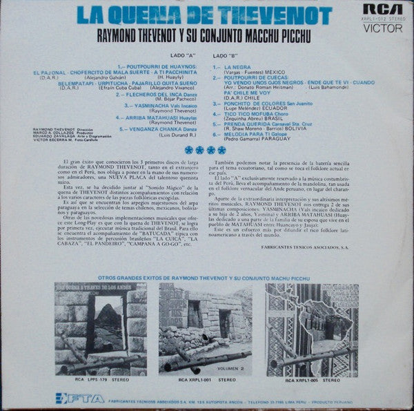 Raymond Thevenot Y Su Conjunto Macchu Picchu : La Quena De Thevenot (LP, Album, Gat)