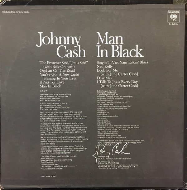 Johnny Cash : Man In Black (LP, Album, Pit)