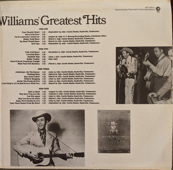 Hank Williams : 24 Of Hank Williams' Greatest Hits (2xLP, Comp, RP, San)