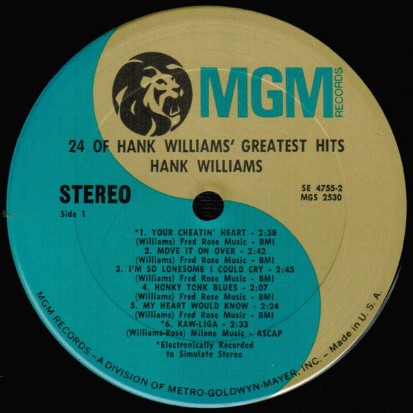Hank Williams : 24 Of Hank Williams' Greatest Hits (2xLP, Comp, RP, San)