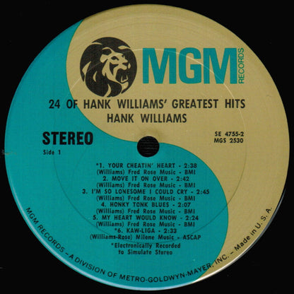 Hank Williams : 24 Of Hank Williams' Greatest Hits (2xLP, Comp, RP, San)
