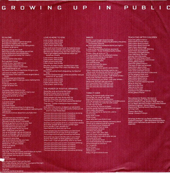 Lou Reed : Growing Up In Public (LP, Album, Hub)