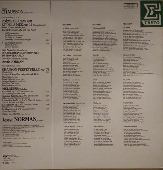 Ernest Chausson - Jessye Norman • Michel Dalberto • Quatuor & Orchestre Philharmonique De Monte-Carlo* • Armin Jordan : Poème De L'Amour Et De La Mer • Chanson Perpétuelle • Mélodies (LP, Album)