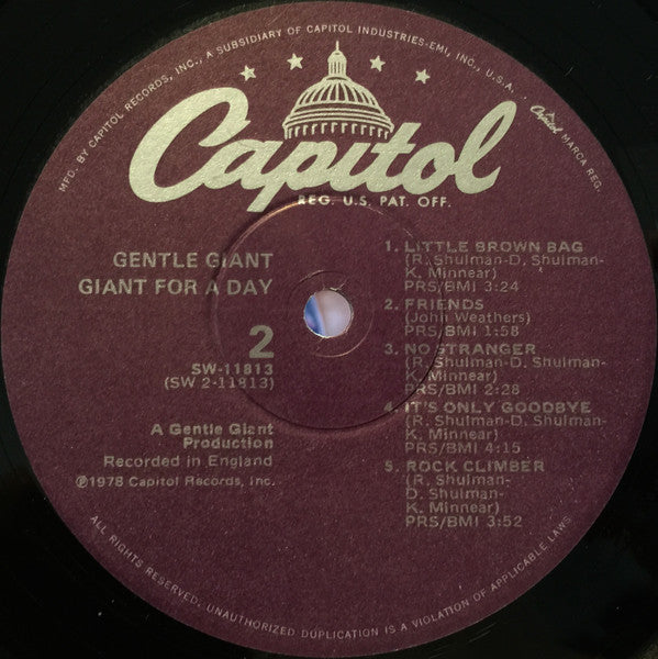 Gentle Giant : Giant For A Day (LP, Album, Win)