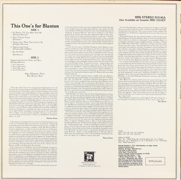 Duke Ellington, Ray Brown : This One's For Blanton (LP, Album, RE, DMM)