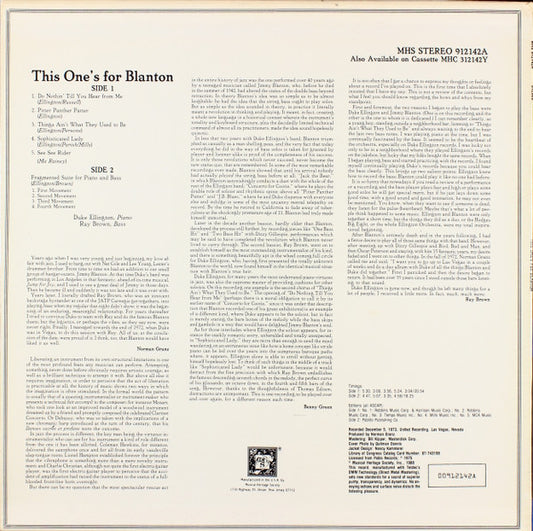 Duke Ellington, Ray Brown : This One's For Blanton (LP, Album, RE, DMM)