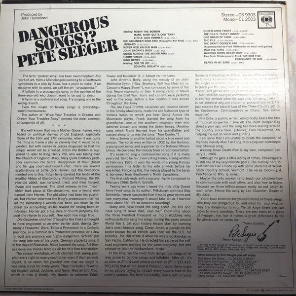 Pete Seeger : Dangerous Songs!? (LP, Album, Mono, Promo)