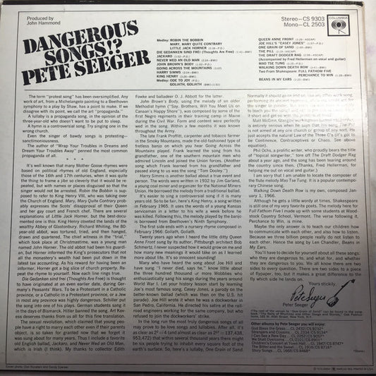 Pete Seeger : Dangerous Songs!? (LP, Album, Mono, Promo)