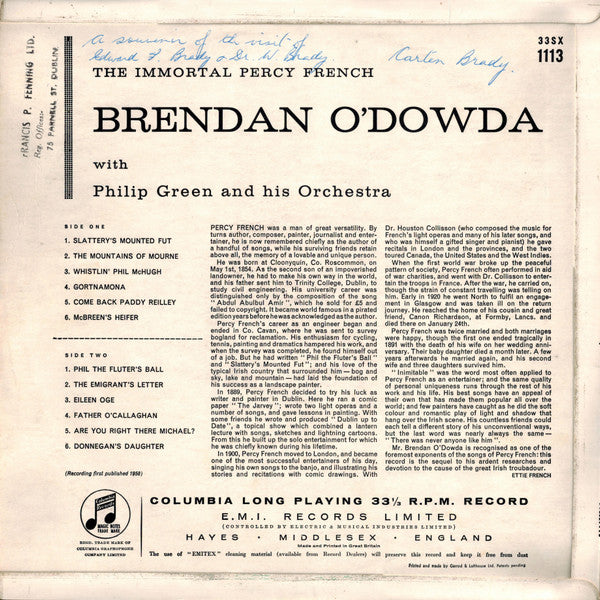 Brendan O'Dowda With Philip Green And His Orchestra : The Immortal Percy French  (LP, Album, Mono, RE)