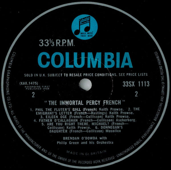 Brendan O'Dowda With Philip Green And His Orchestra : The Immortal Percy French  (LP, Album, Mono, RE)