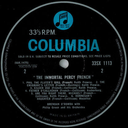 Brendan O'Dowda With Philip Green And His Orchestra : The Immortal Percy French  (LP, Album, Mono, RE)