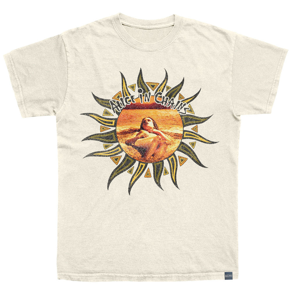 T-shirt with a graphic design featuring a sun and text on a beige background